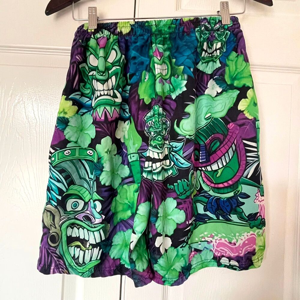 Men's Size S Tiki God Hawaiian Swim Shorts Purple Green Board Shorts Trunks - Picture 3 of 8